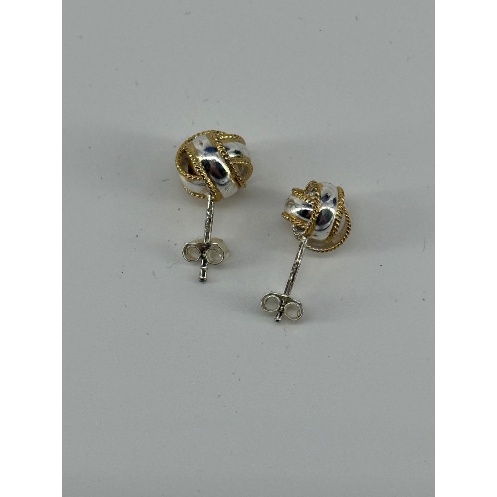 925 Sterling Silver Two Tone Love Knot Stud Earrings Gold Rope Detail - Picture 2 of 3